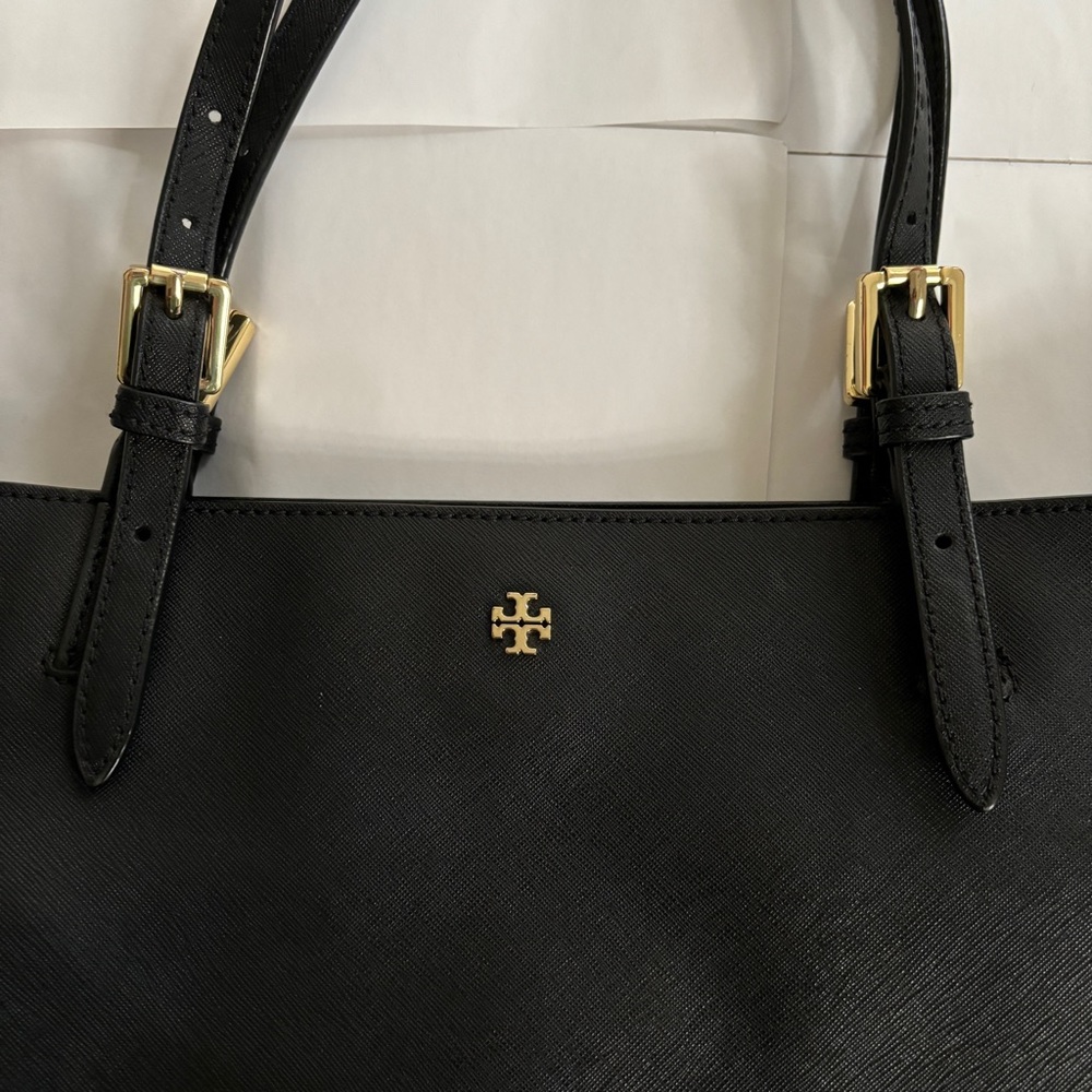 Tory Burch Small openTop Saffiano Leather Tote Bag In black.